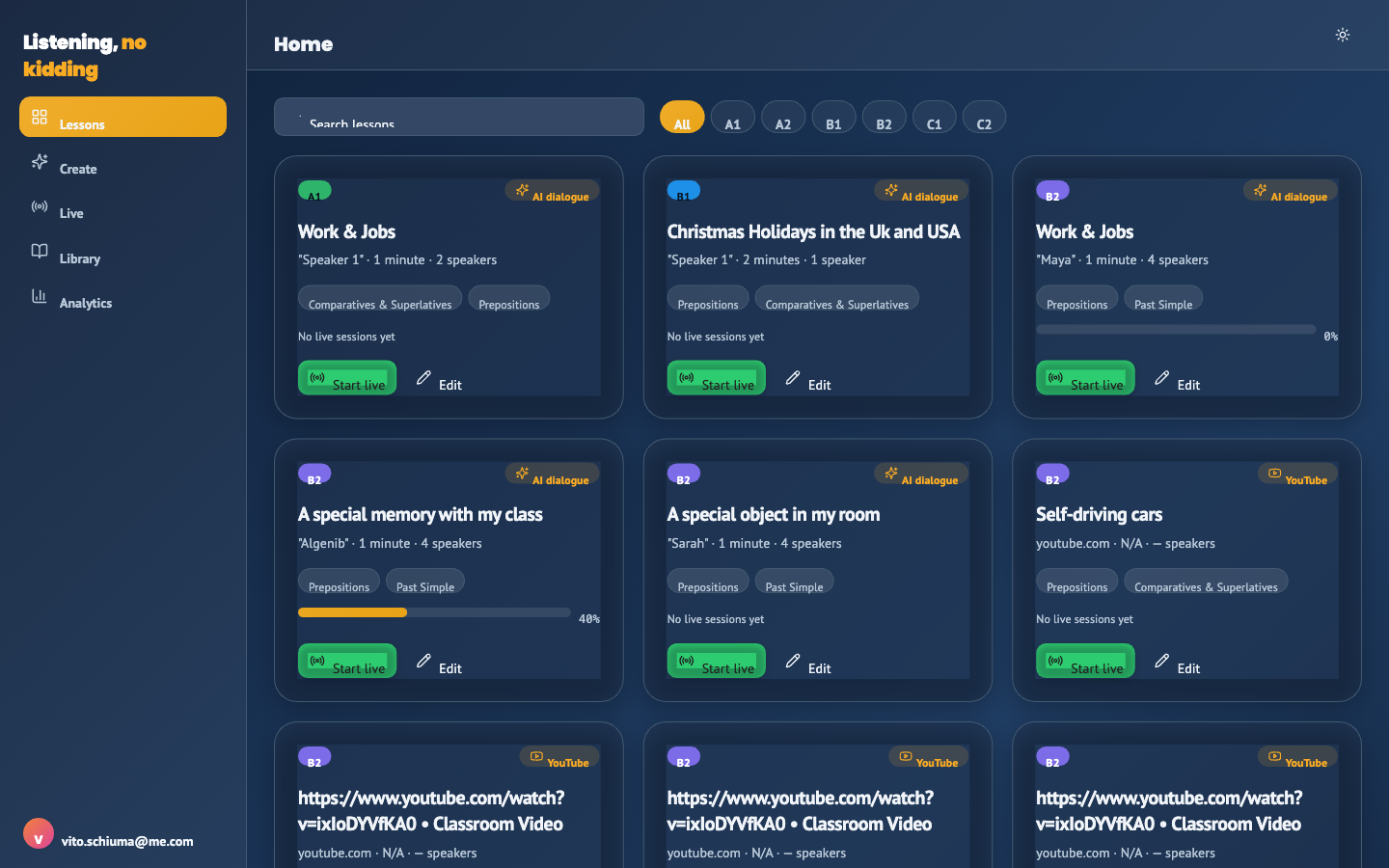 My Lessons dashboard